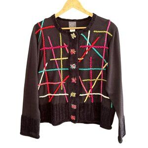 Susan Bristol Ltd. XL Hand Embroidered Black Cardigan Sweater
